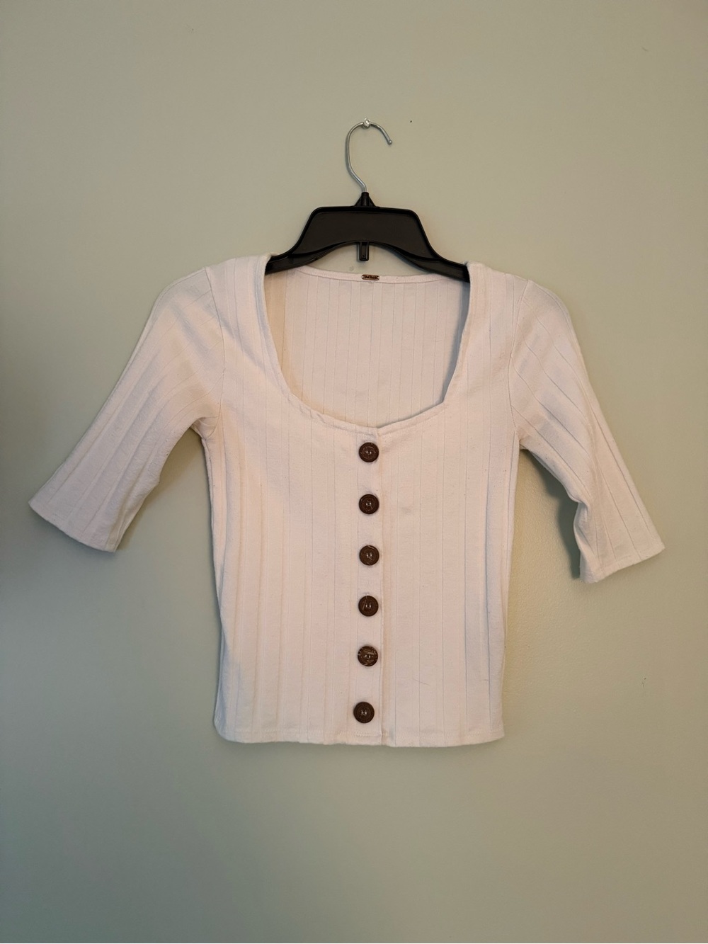 Free People White Ribbed Scoop-Neck Button Front Top